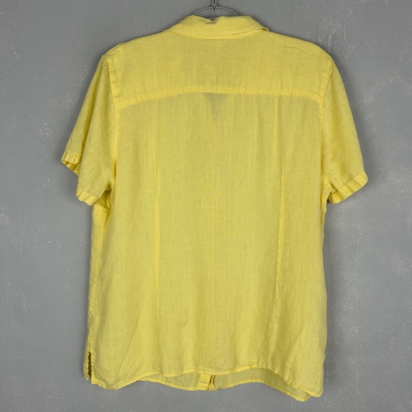 LL Bean women size L short sleeve button up top yellow 100% linen - Picture 6 of 10